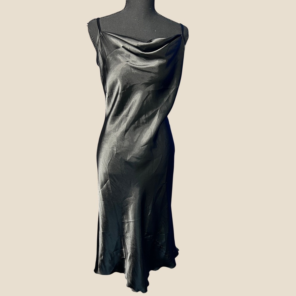 Vtg Bebe Womens Black Y2K Satin Cowl Neck Slip Dress Sz S LBD Elegant 90s Glam